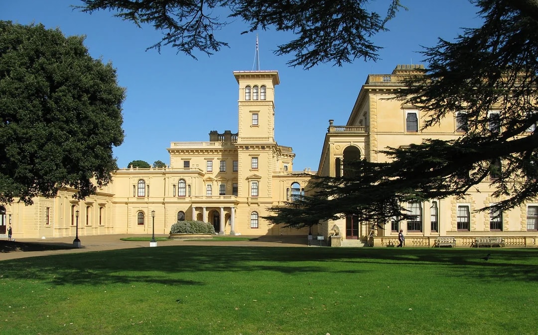 Osborne House facade with gardens, Isle of Wight, England.