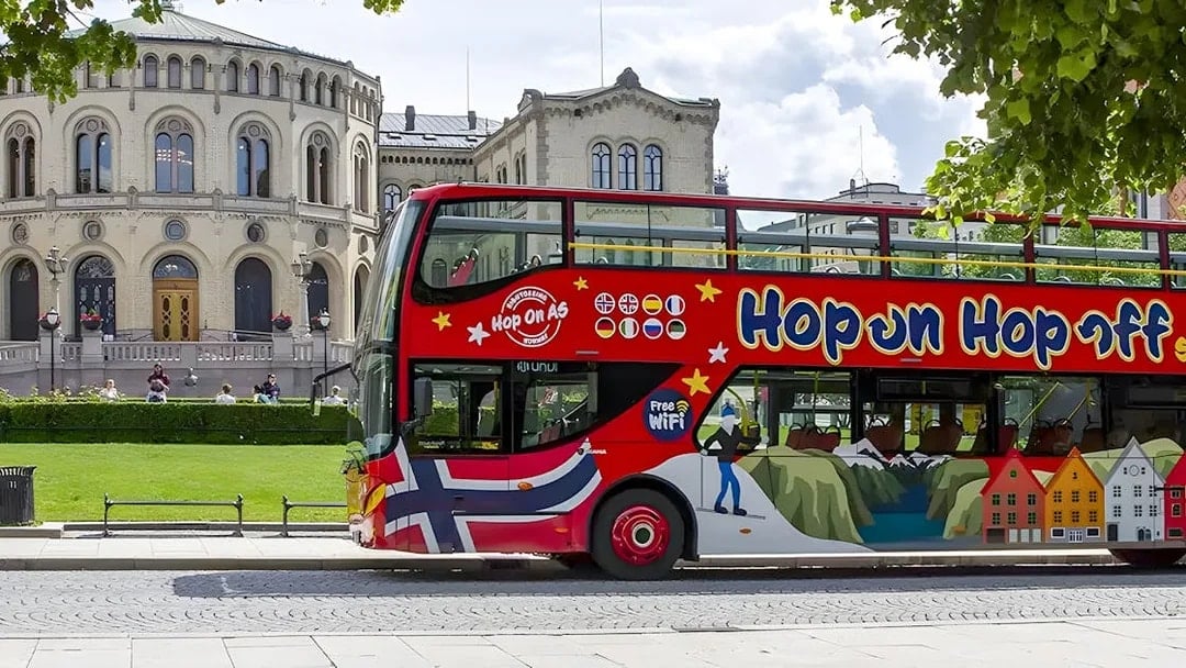 Hop on Hop off bus in front of Storting building, Oslo.