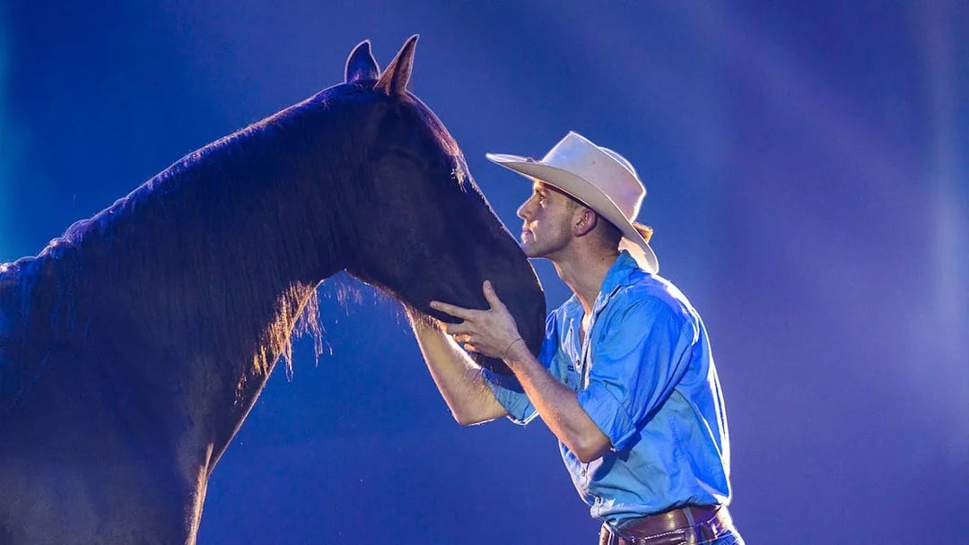 Cowboy interacting with a horse during the Australian Outback Spectacular Heartland Dinner & Show.