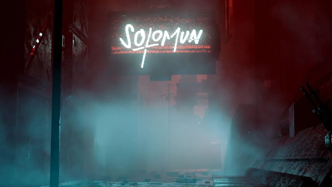 Solomun sign glowing in a misty alley, Pacha Ibiza