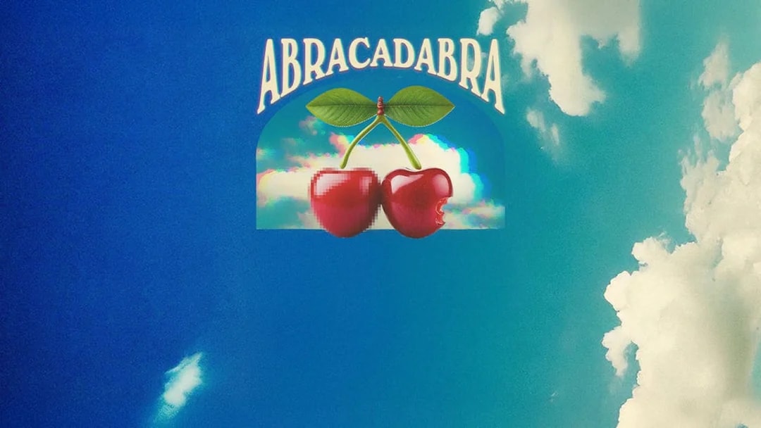 Abracadabra logo with cherries on a blue sky background for Pacha on Wednesdays.