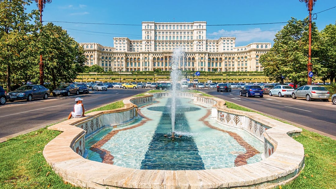 Fountain in front of Bucharest Palace of the Parliament, Romania.