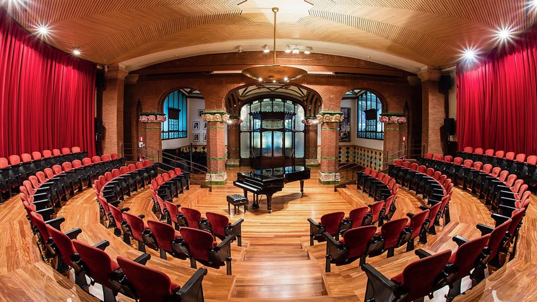 Palau de la Musica Catalana concert hall with grand piano, Barcelona.