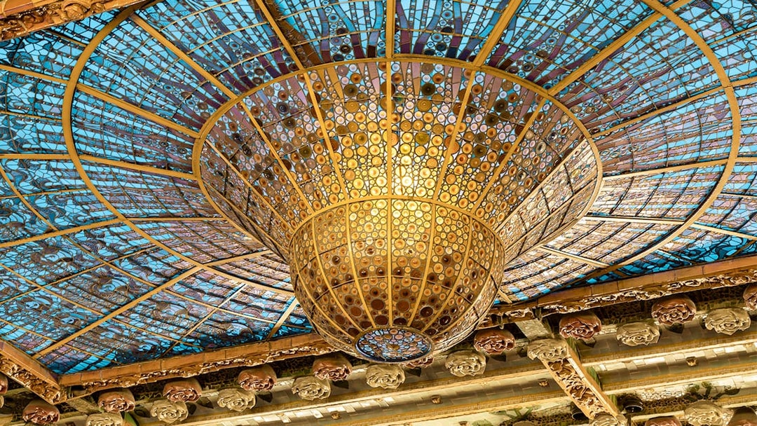 Stained glass skylight at Palau de la Musica Catalana, Barcelona.
