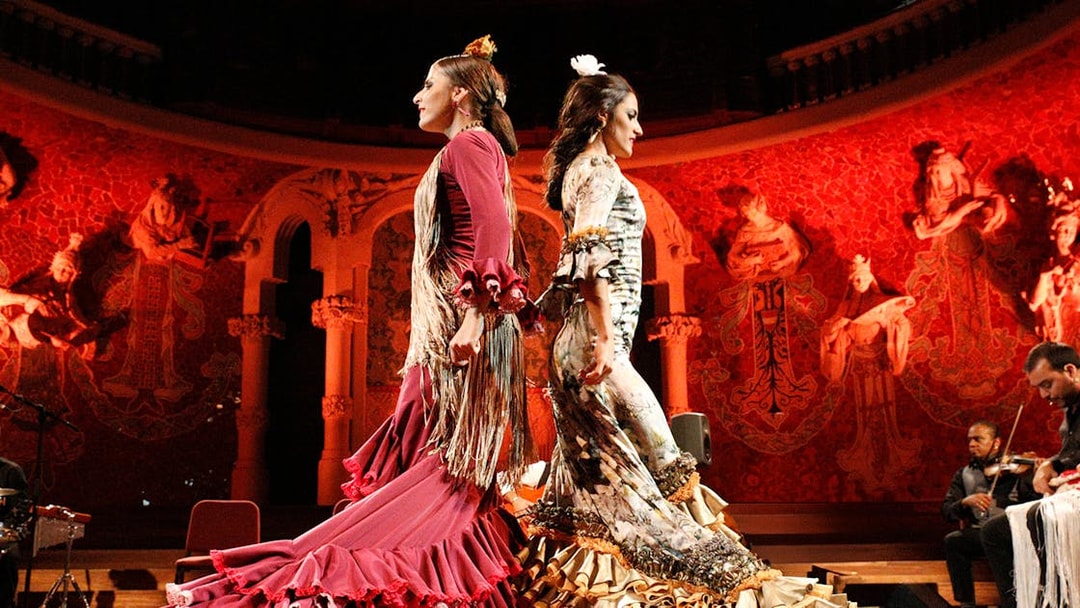 Flamenco dancers performing at Palau de La Música Catalana during Gran Gala Flamenco Show.