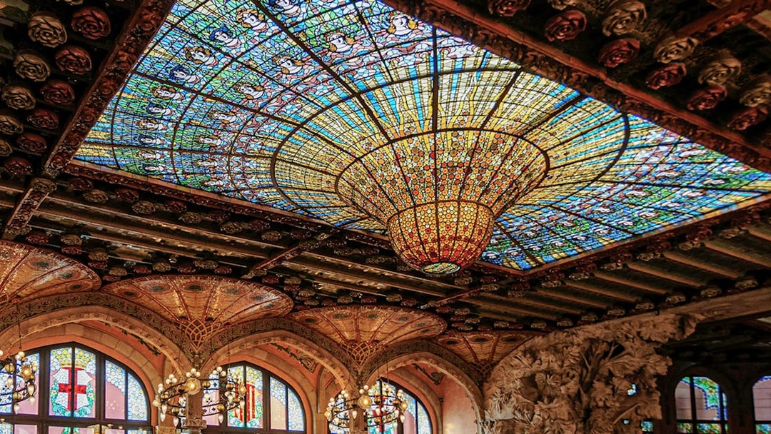 Stained glass ceiling of Palau de la Música Catalana in Barcelona.