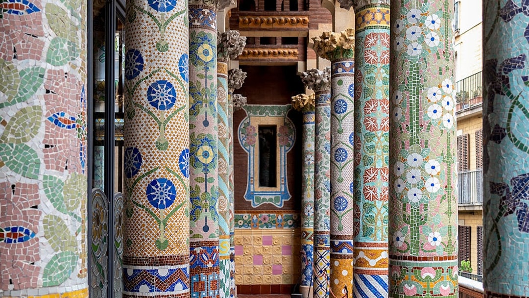 Colorful mosaic columns at Palau de la Música Catalana, Barcelona.