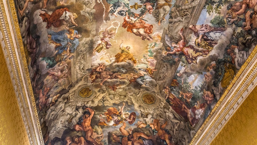 Ceiling fresco depicting mythological scene in Palazzo Barberini, Rome, Italy.