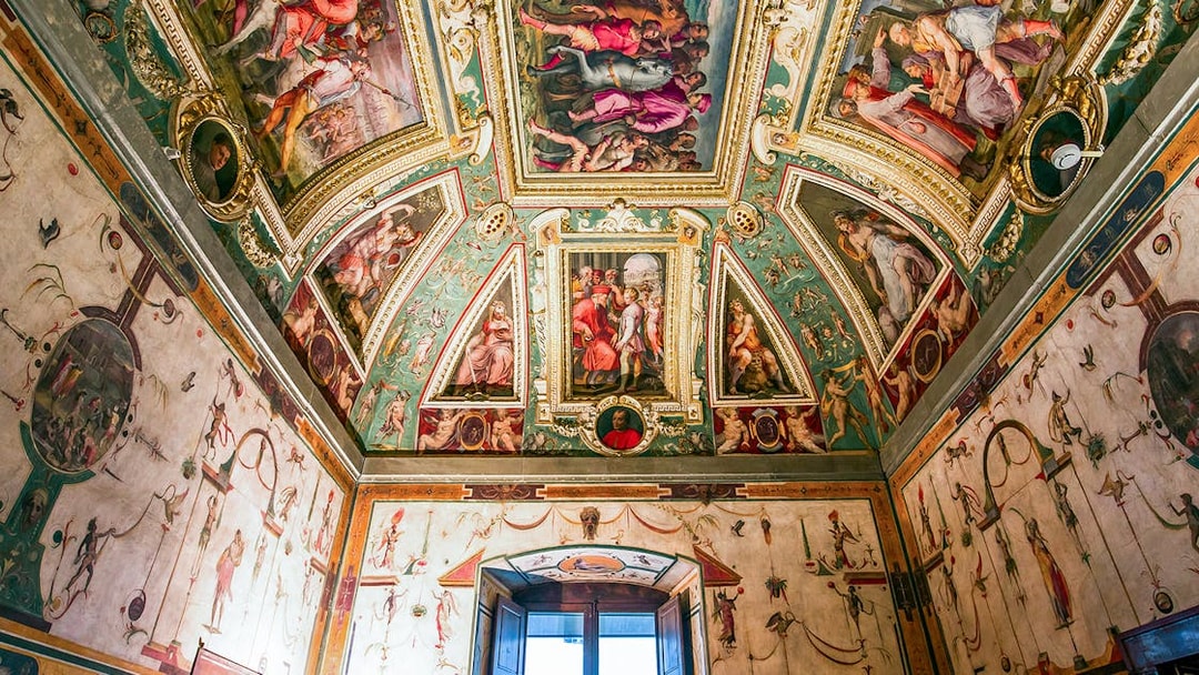 Palazzo Vecchio ornate ceiling and frescoes in Florence, Italy.