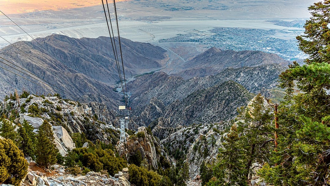 Palm Springs Aerial Tramway view over mountains and desert landscape.