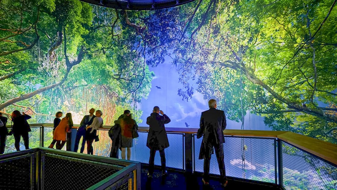 Visitors viewing panoramic rainforest exhibit at Panometer Dresden.
