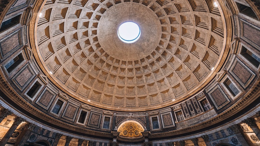 Skylight dome interior of the Pantheon in Rome, Italy.