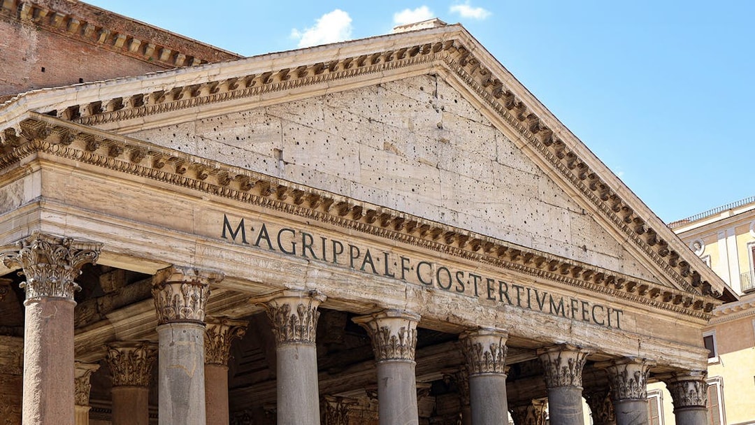 Pantheon facade with ancient Roman inscription, Rome, Italy.
