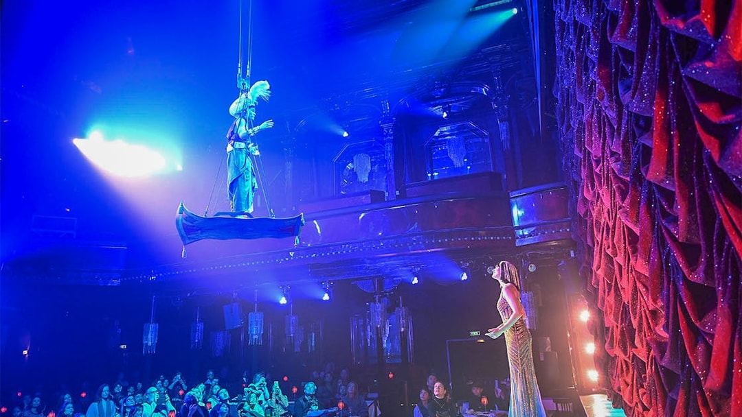 Performer on stage with aerial act at Paris cabaret show, audience watching.
