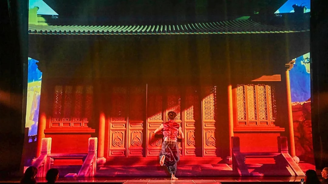 Performer on stage at Paris cabaret show with vibrant backdrop.