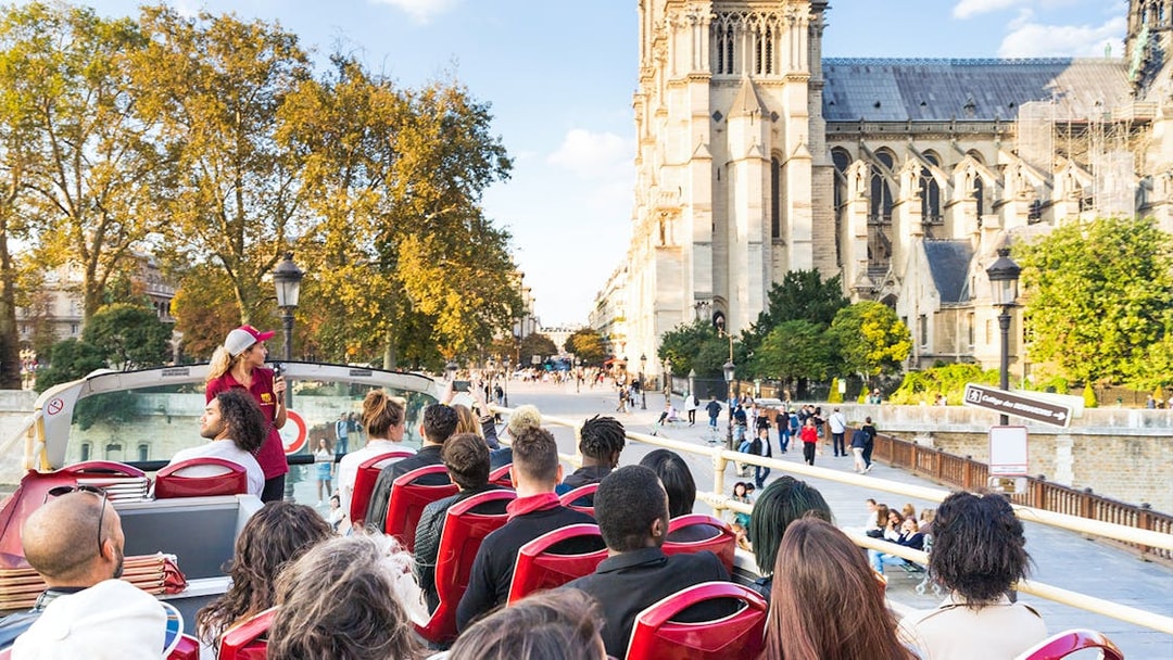 Tourists on Big Bus tour near the Pantheon in Paris.