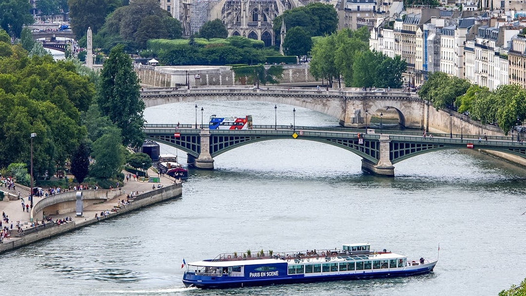Dinner cruise boat on the Seine River in Paris passing under a bridge with cityscape in the background.