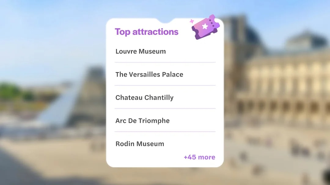Paris Museum pass attractions list including Louvre, Versailles, Chateau Chantilly, Arc De Triomphe, Rodin Museum.