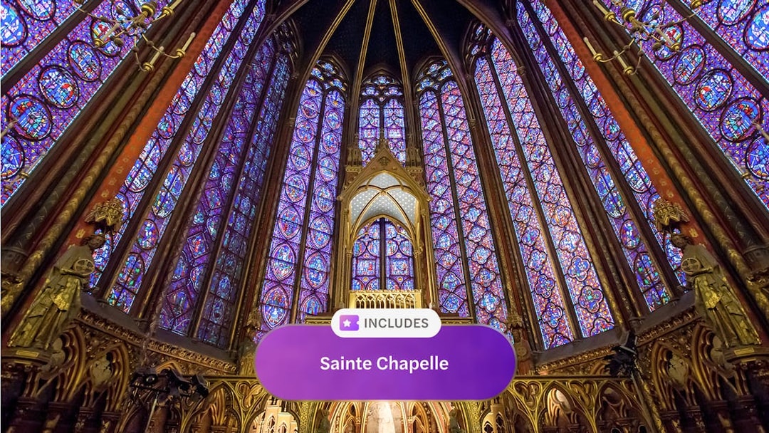 Stained glass windows inside Sainte Chapelle, Paris, included in museum pass.