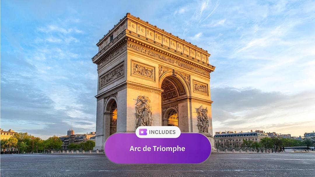 Arc de Triomphe in Paris at sunset, included in Paris Museum pass.