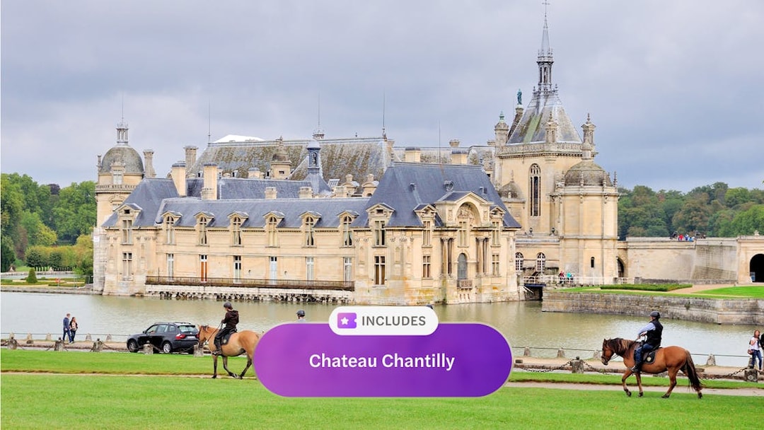 Chateau Chantilly with horse riders in front, included in Paris Museum pass.
