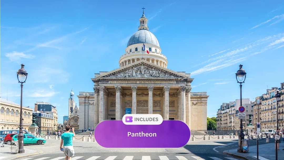 Pantheon in Paris with a person crossing the street, included in Paris Museum Pass.