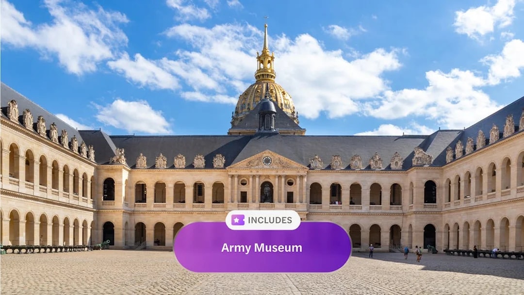 Courtyard of the Army Museum in Paris with golden dome and historic architecture.