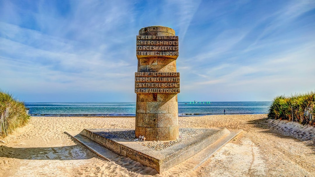 Normandy D-Day Juno Beach memorial with ocean view, France.