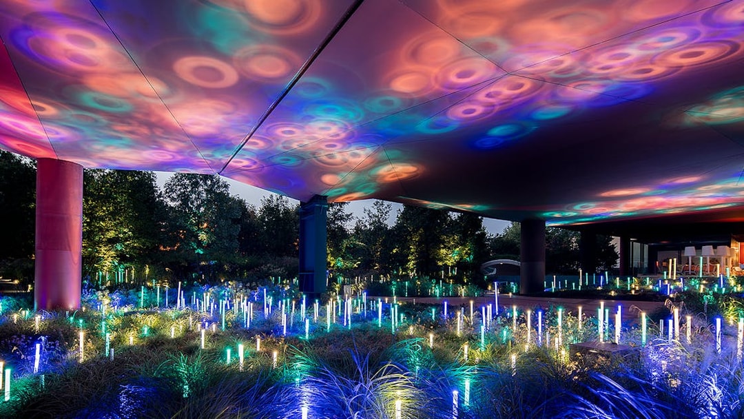 Colorful light installation at Quai Branly – Jacques Chirac Museum, Paris.