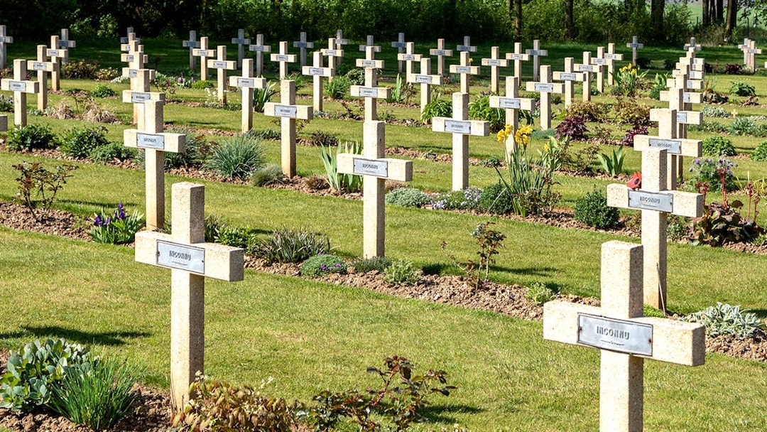 Rows of crosses at Somme Battlefield cemetery, France, on a day trip from Paris.