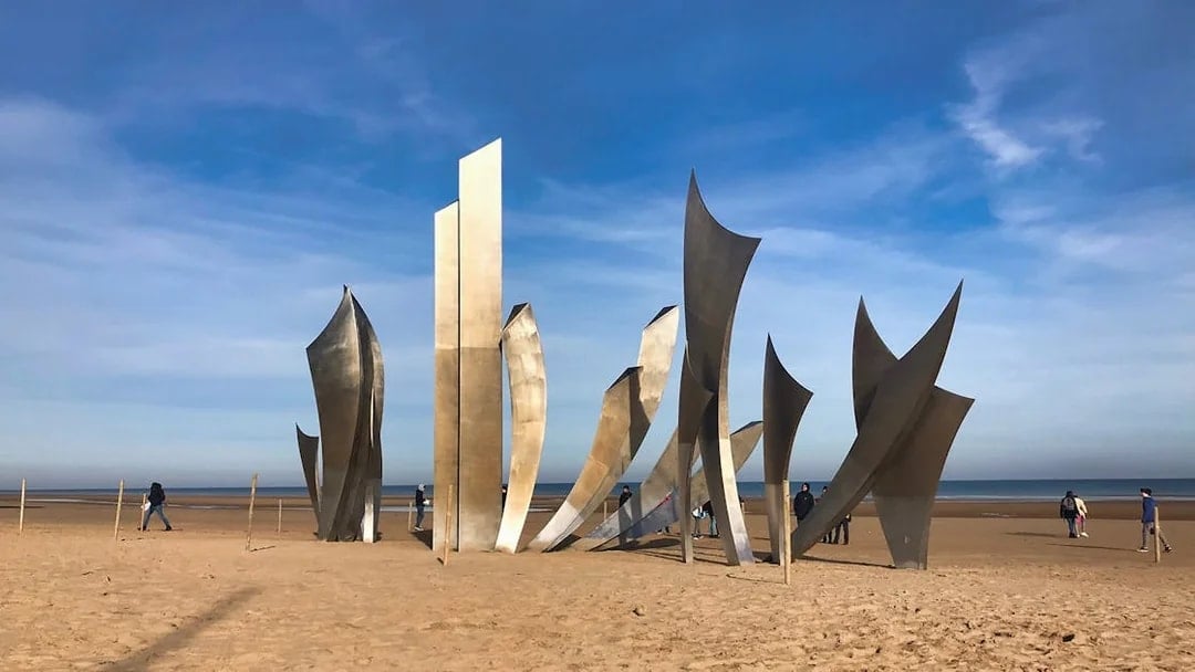 Omaha Beach Les Braves monument on Normandy D-Day landing site, France.