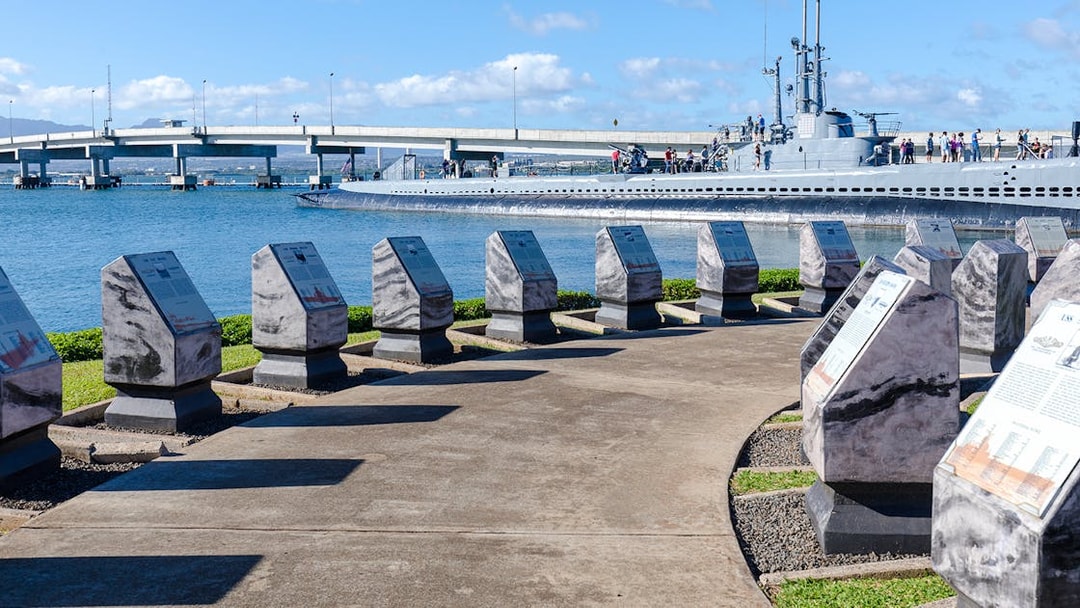 Pearl Harbor memorial plaques and submarine view, Honolulu, Hawaii.