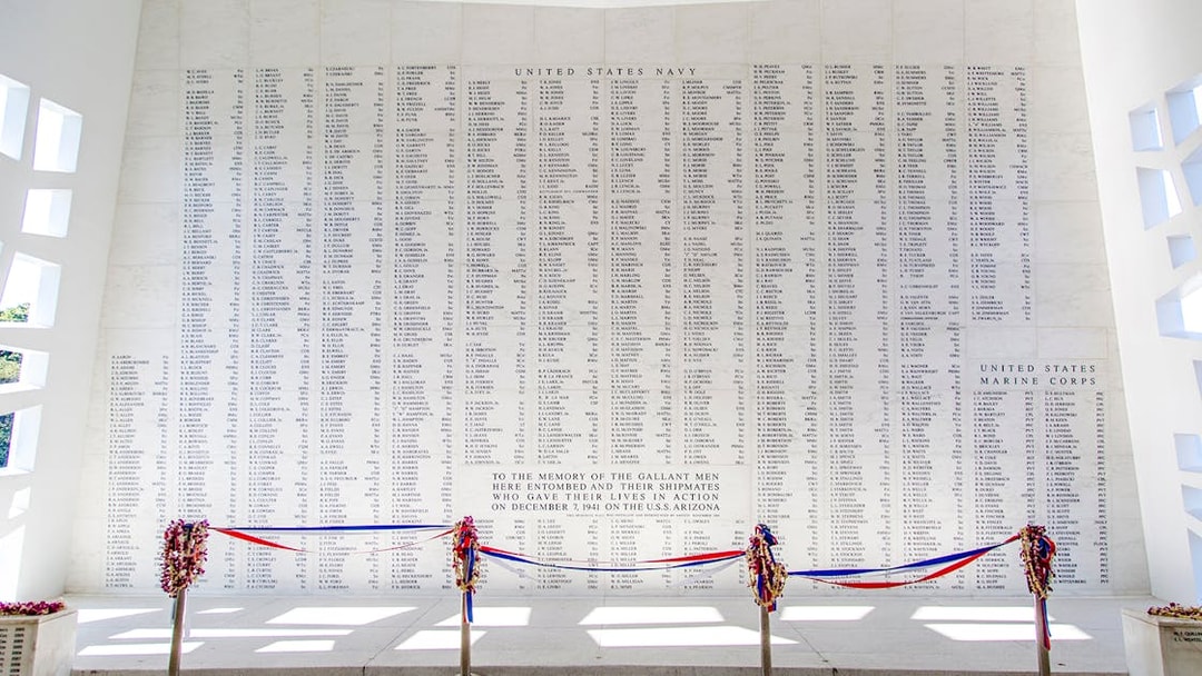 USS Arizona Memorial Wall listing names of fallen soldiers, Pearl Harbor, Hawaii.