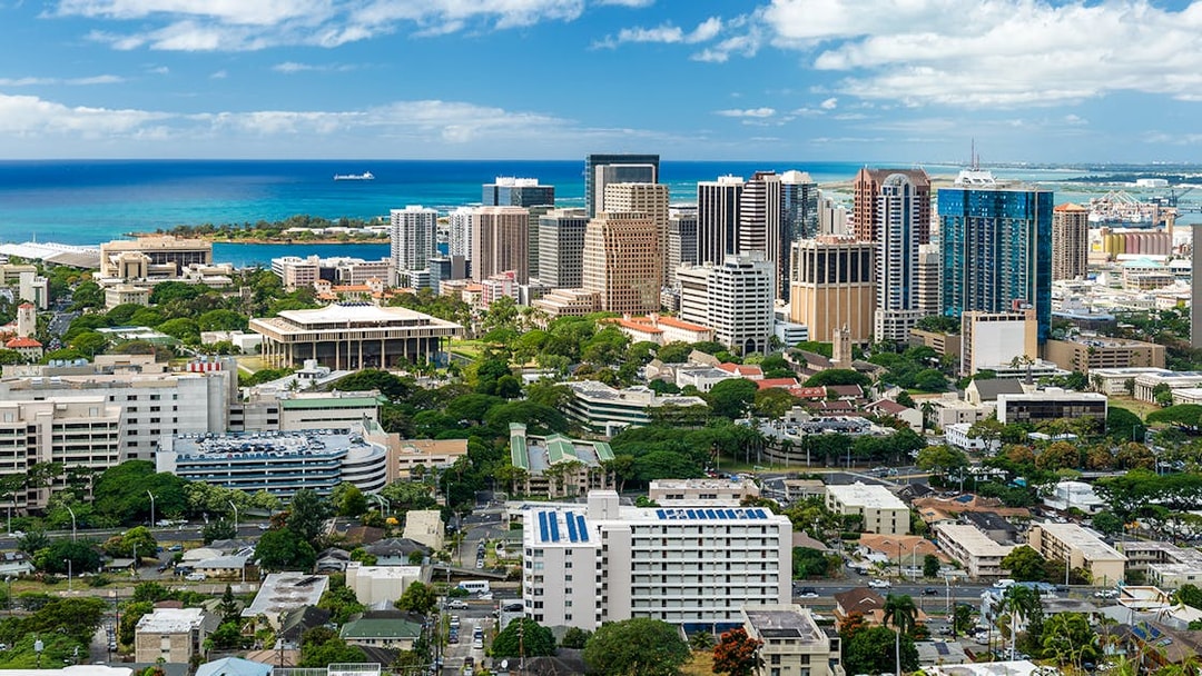 Downtown Honolulu skyline viewed from the National Memorial Cemetery of the Pacific.