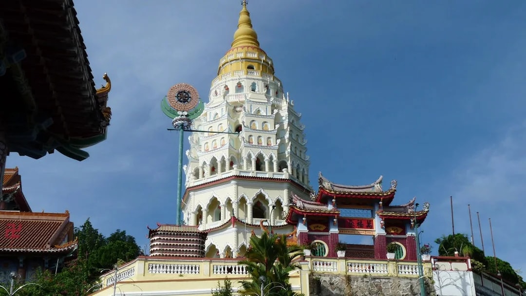 Kek Lok Si Temple pagoda on Penang Hill, Malaysia, with intricate architecture.
