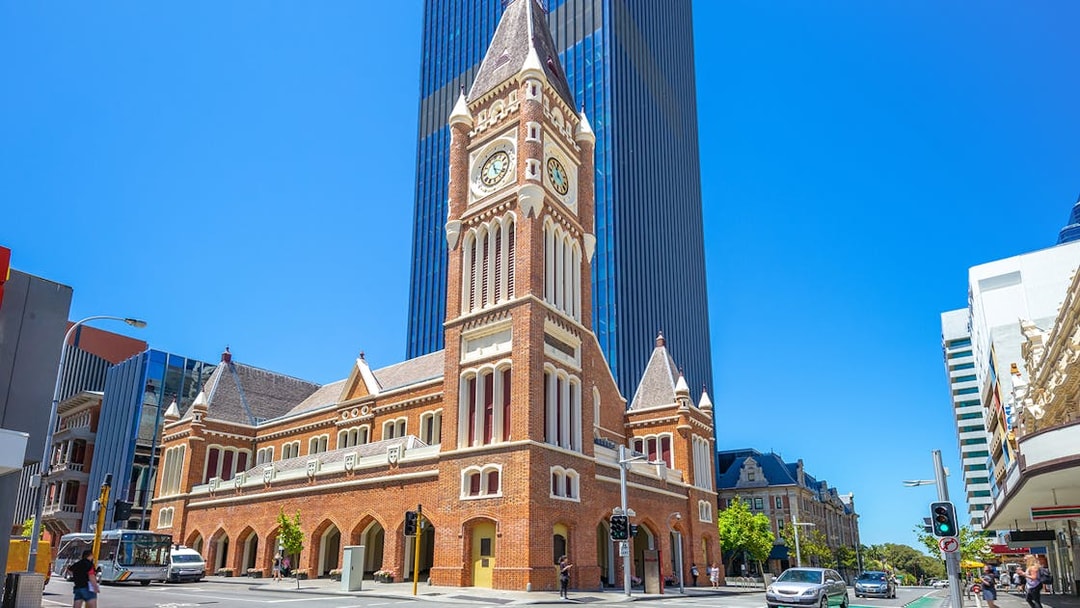 Historic Perth Town Hall with clock tower on a sunny day, part of Perth and Kings Park Hop-on-Hop-off tour.