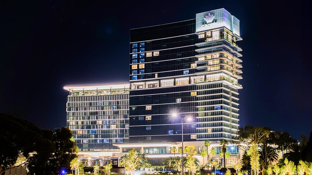 Crown Towers Perth illuminated at night, view from Kings Park.