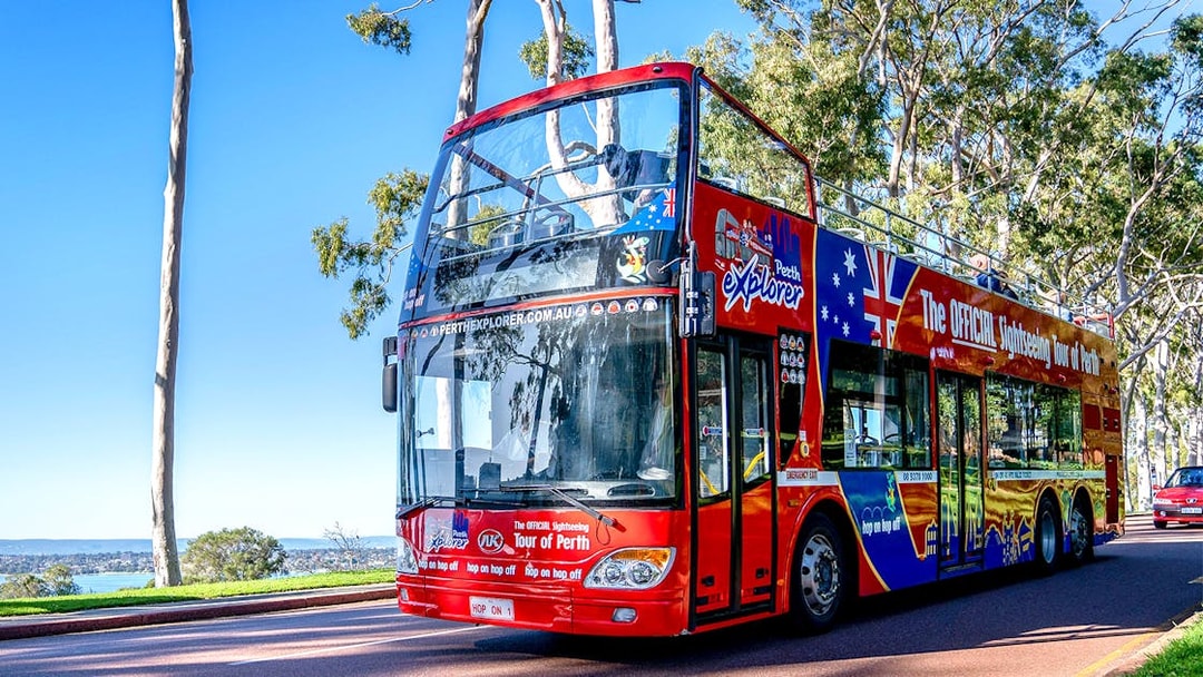 Red double-decker bus on Perth and Kings Hop-On Hop-Off tour with scenic background.