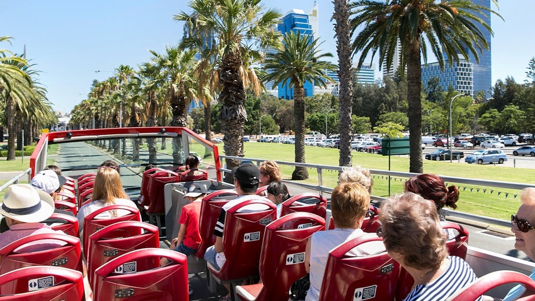 Open-top bus tour through Kings Park, Perth, with passengers enjoying city views.