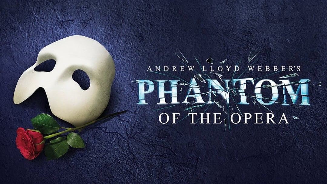 Phantom of the Opera London poster with mask and red rose.