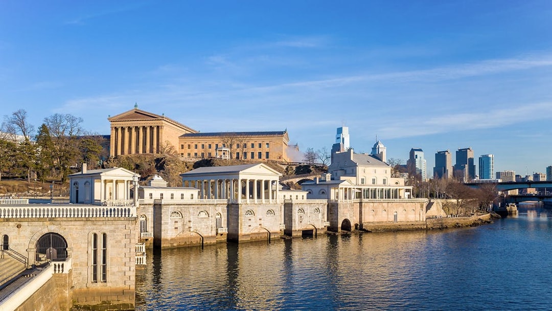 Fairmount Water Works and Philadelphia Museum of Art along the Schuylkill River, Philadelphia.