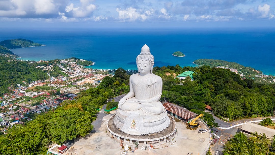 Big Buddha statue overlooking Phuket town and coastline, Thailand.