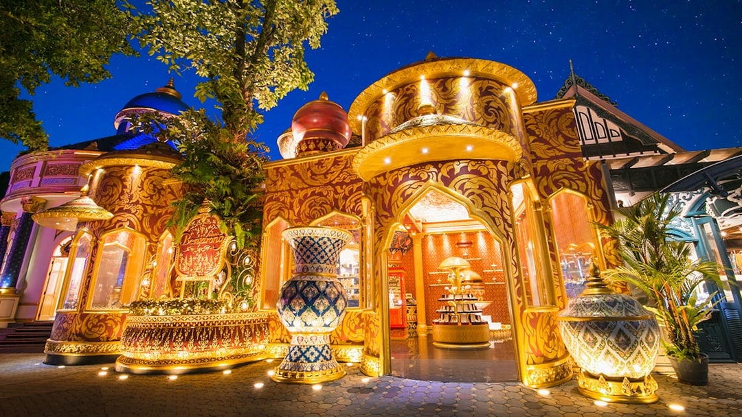 Jewellery store entrance at Phuket Fantasea, featuring ornate golden architecture.