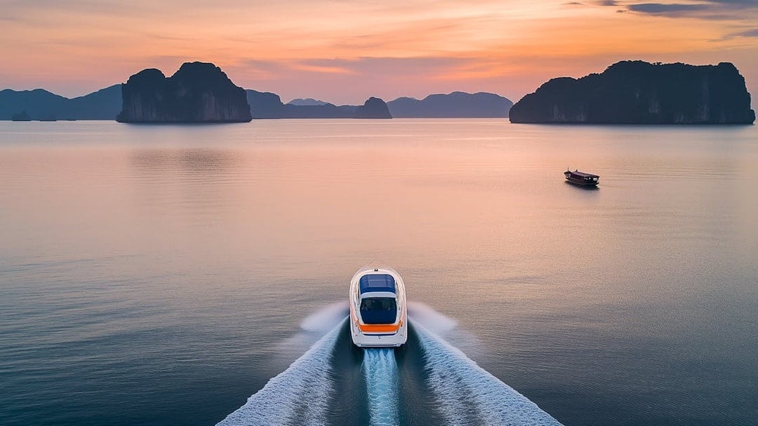 Speedboat cruising at sunrise near Phi Phi Islands, Thailand.