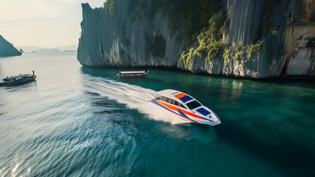 Speedboat cruising near limestone cliffs on Phi Phi Islands tour from Phuket.