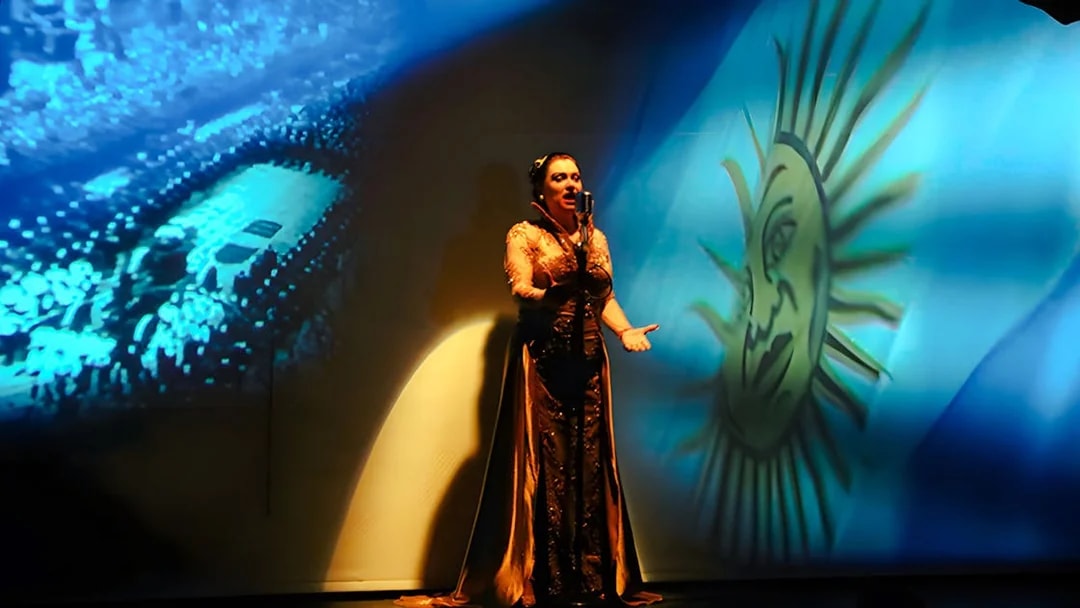 Singer performing at Piazzolla Tango Show in Buenos Aires with Argentine flag backdrop.
