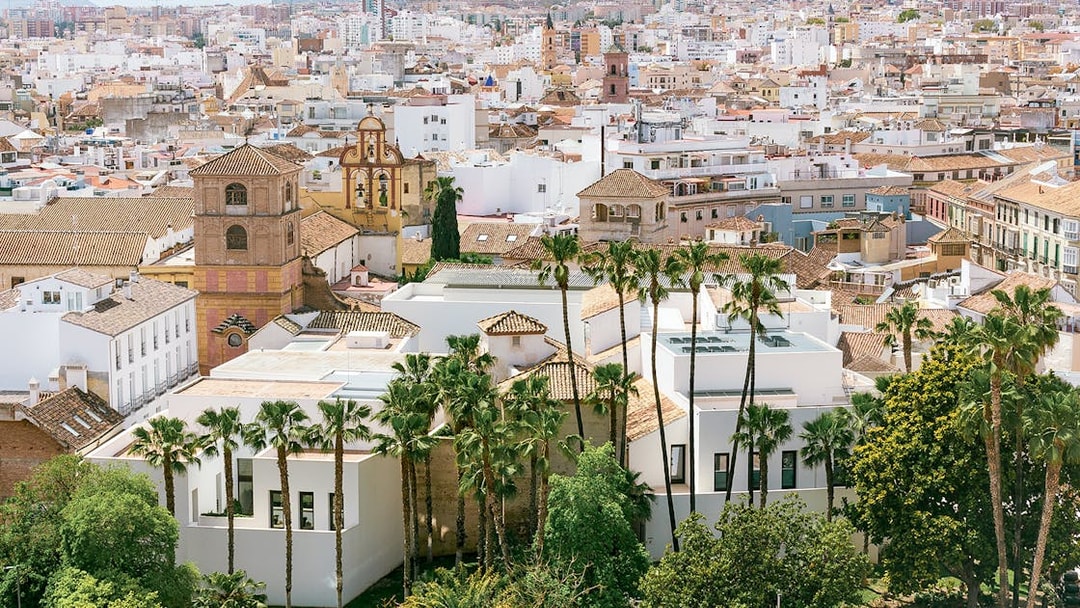Aerial view of Picasso Museum and surrounding architecture in Malaga, Spain.
