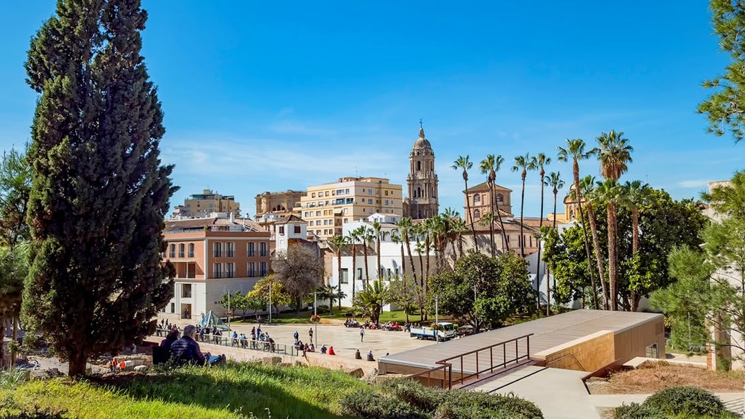 Picasso Museum in Malaga with cityscape and palm trees in the background.