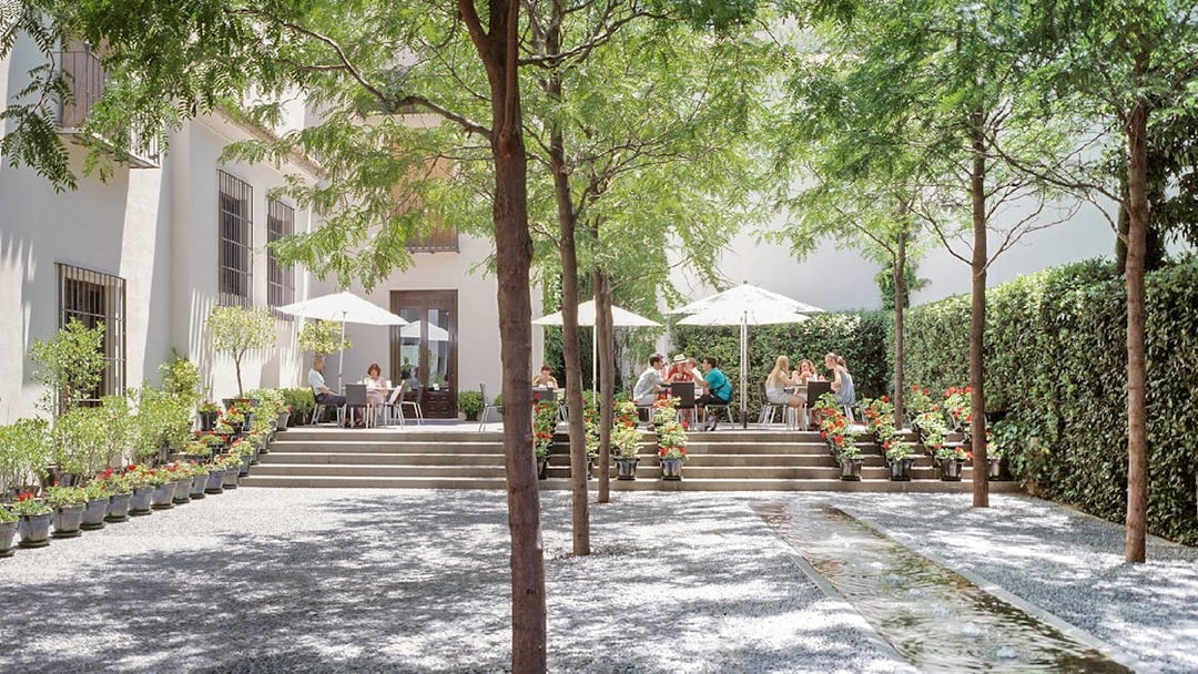 Visitors enjoying outdoor seating at Picasso Museum Malaga cafe.