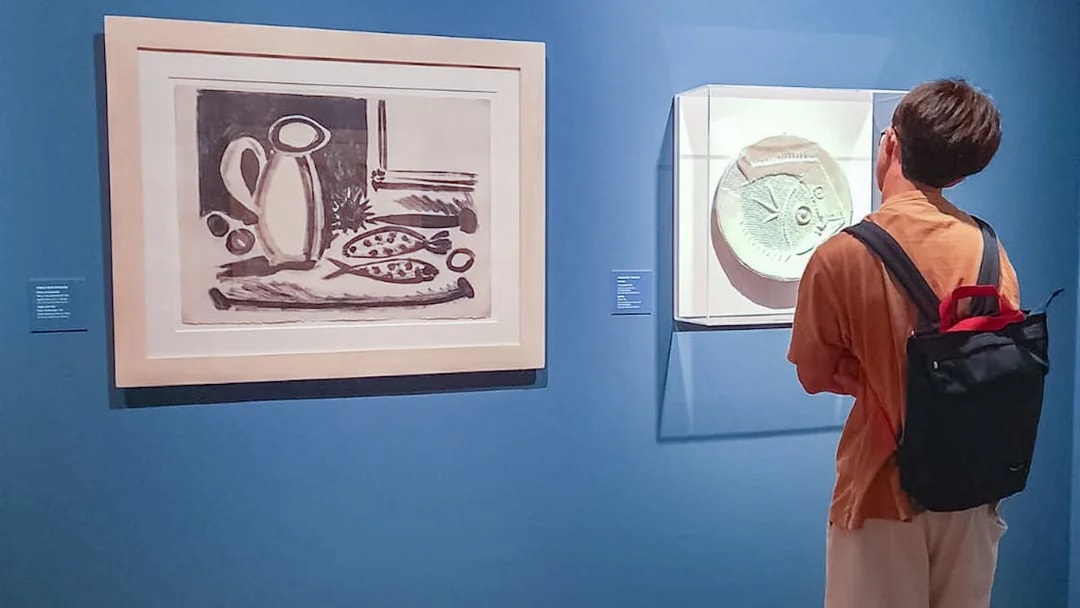 Visitor viewing art pieces in a museum exhibition.